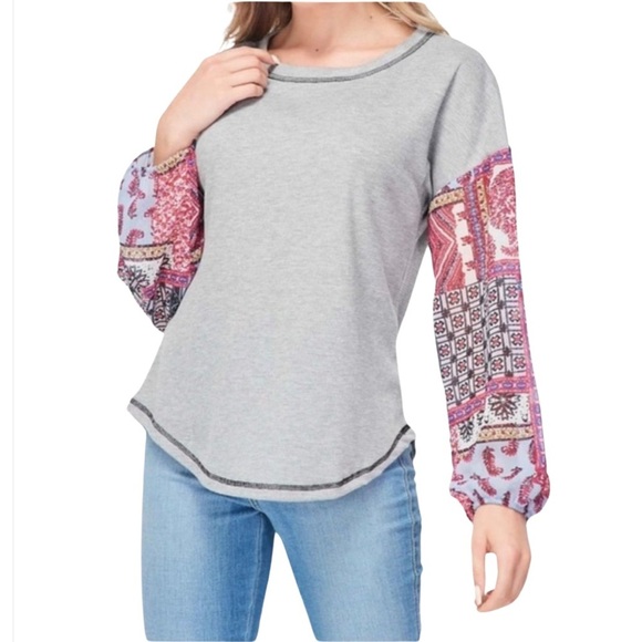 NWT- Baea Boho Mixed Long Sleeve Boho Top - Picture 2 of 6